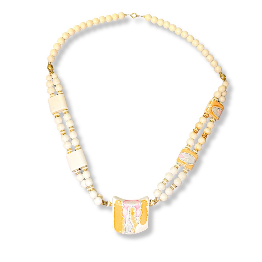 Rare Vintage Japanese White Painted Porcelain Watercolor Pastel Beaded Necklace